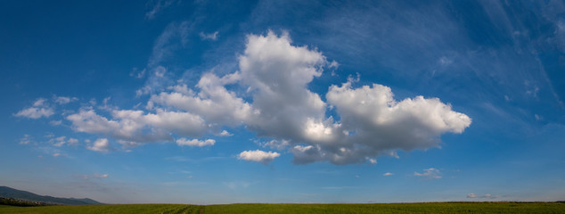 Widok na chmury ponad kwietną łąką