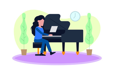 woman play piano at home while quarantine at pandemic covid-19.