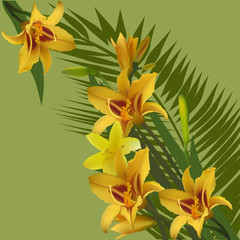 Fototapeta na wymiar yellow orchid flower blooms in green palm leaves