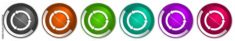 Aufkleber Reload web icon set, silver metallic chrome border vector web buttons in 6 colors options for webdesign