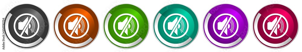 Poster Mute icon set, silver metallic chrome border vector web buttons in 6 colors options for webdesign