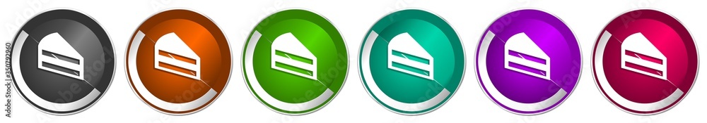Poster Cake icon set, silver metallic chrome border vector web buttons in 6 colors options for webdesign