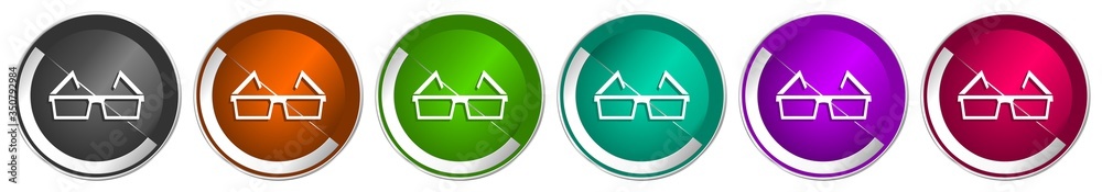Fototapete eyeglasses icon set, silver metallic chrome border vector web buttons in 6 colors options for webdes