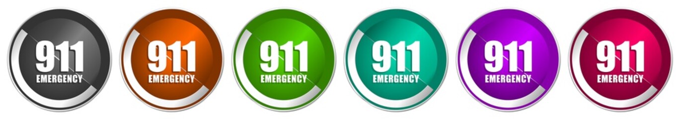 Number emergency 911 icon set, silver metallic chrome border vector web buttons in 6 colors options for webdesign