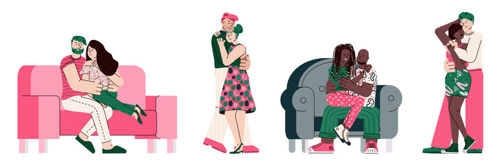 Love relationships set of people hugging, sketch vector illustration isolated.