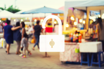 Unlock of business concept with blurred photo of food exhibition fair with many people at twilight time.