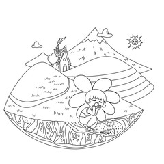 Change of time of day. Educational coloring for children. Evening. House among the hills. Mountain landscape, sky, sun and clouds, path, tea plantations. The characters - a flower and a mouse