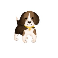 Digital illustration. Cute little dog with a yellow collar.