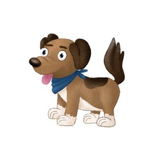 Digital illustration. Cute little dog with a blue scarf.