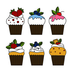 Set of vector cupcakes isolated on white background. Cartoon colored cupcakes. Food design elements for the menu, bakery logo, web, postcards.