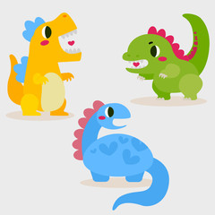 Cute colorful cheerful baby dinosaur monster greeting illustration vector set collection