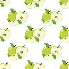 Seamless pattern with green apples on white background. Organic fruit. Cartoon style. Vector illustration for design, web, wrapping paper, fabric, wallpaper.