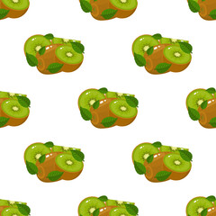 Seamless pattern with fresh half kiwi fruit on white background. Summer fruits for healthy lifestyle. Organic fruit. Cartoon style. Vector illustration for any design.