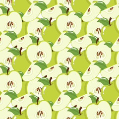 Seamless pattern with green apples on white background. Organic fruit. Cartoon style. Vector illustration for design, web, wrapping paper, fabric, wallpaper.