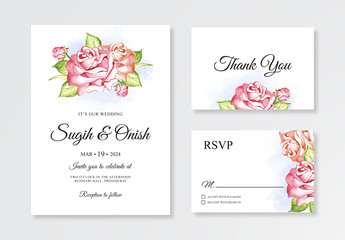 Minimalist wedding invitation card set template with floral watercolor painting