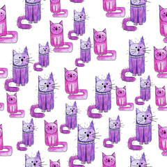 Seamless pattern with cute colorful Kittens. Creative baby pink texture. Great for fabric, textile illustration.