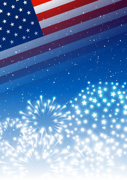 Independence day greeting card with American flag and fireworks on  night sky background