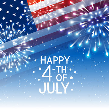 Independence day greeting card with American flag and fireworks on  night sky background