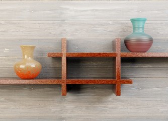 A wooden shelf on a wooden wall with decorative vases. Interior of the country house. 3D rendering.