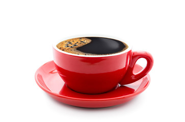 Red coffee cup on white background.