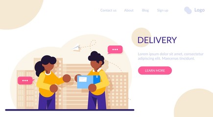 Concept of delivery of goods in a cardboard box from an online store. Courier hands the parcel to the girl. Modern flat vector illustration.