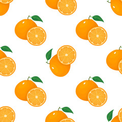 Seamless pattern with fresh bright exotic whole and half tangerine or mandarin isolated on white background. Summer fruits for healthy lifestyle. Organic fruit. Vector illustration for any design.