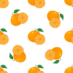 Seamless pattern with fresh bright exotic whole and peeled tangerine or mandarin isolated on white background. Summer fruits for healthy lifestyle. Organic fruit. Vector illustration for any design.