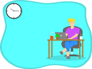 Work from home, Home office, study from home concept. Man wear glasses siting on chair and working on laptop with copy space.