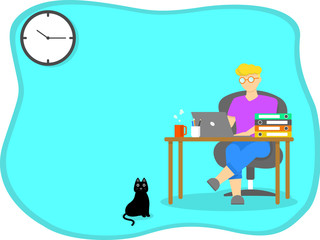 Work from home, Home office, study from home concept. Man wear glasses siting on chair and working on laptop with copy space.