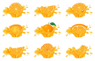 Set of fresh bright orange, mandarin or tagerine juice splash burst isolated on white background. Summer fruit juice. Cartoon style. Vector illustration for any design.