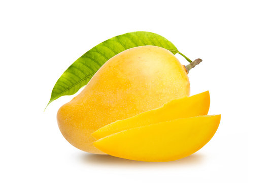 Ripe Alphonso mango fruit with green leaf and a pice of mango slice isolated white background