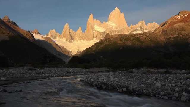 Mt Fitz Roy, Patagonia, time lapse in morning sun, change colors & shadows