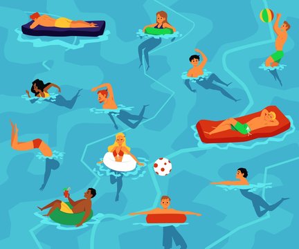 Summer pool party poster - cartoon people swimming in blue water.