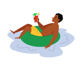 Cartoon man in inflatable ring floating in water with cocktail drink
