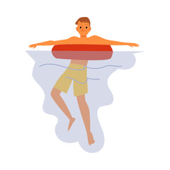 Man or boy swimming in water on a lifebuoy, flat vector illustration isolated.