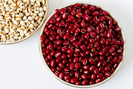 Job's tears, Coix lacryma-jobi, adlay or adlay millet and red beans in a bowl close up