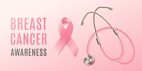 Banner for cancer awareness day with pink ribbon, realistic vector illustration.