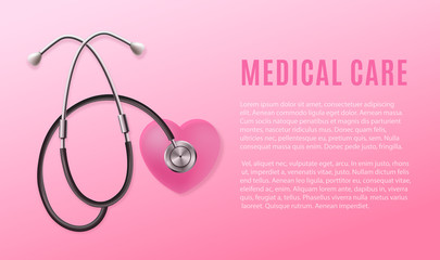 Medical care banner with stethoscope realistic vector illustration on pink.