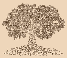 Lush tree drawing vector. A family tree with many leaves, branches and roots.