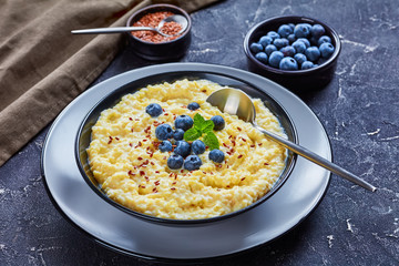 close-up of millet breakfast porridge in bowl