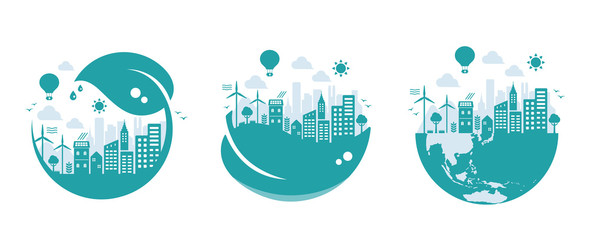 Green eco city vector illustration set ( ecology concept , nature conservation )