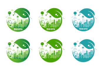 Green eco city vector illustration set ( ecology concept , nature conservation )
