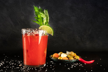 Bloody Mary cocktail with tomato juice, lime, and celery, wiuth pickles and a chili pepper, side...