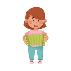 Cute Girl Standing and Playing Harmonica Vector Illustration