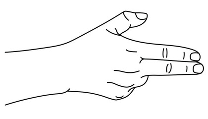 Hand gesture in form of gun. Concept of shooting gesture in sign language. Vector illustration in outline style isolated on white background.