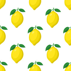 Seamless pattern with fresh bright exotic whole lemon fruit on white background. Summer fruits for healthy lifestyle. Organic fruit. Cartoon style. Vector illustration for any design.