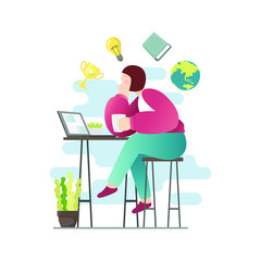 Sitting young woman with laptop for searching the internet in simple modern flat  style vector, online learning , people and technology concept abstract for your design work, presentation, website.
