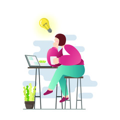 Sitting young woman with laptop for searching the internet in simple modern flat  style vector, people and technology concept abstract for your design work, presentation, website.