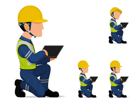 Set of industrial worker with laptop on white background