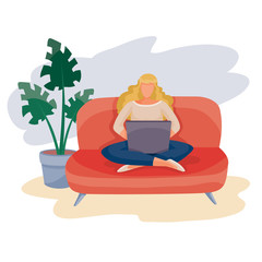 girl sitting on the couch with legs crossed and working on a laptop, behind the sofa is a houseplant, isolated object on a white background, vector illustration,